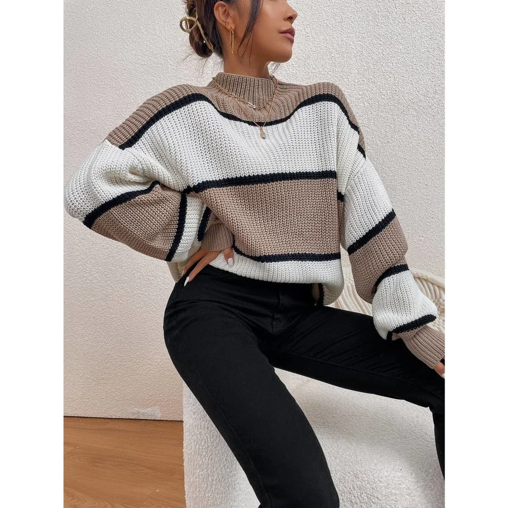 Color Block striped Mock Neck oversized Sweater tan white black - Picture 5 of 6